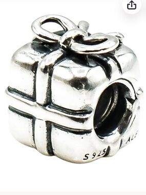 Vintage PANDORA Present With Bow Sterling Silver Gift Box Charm Retired Stamped